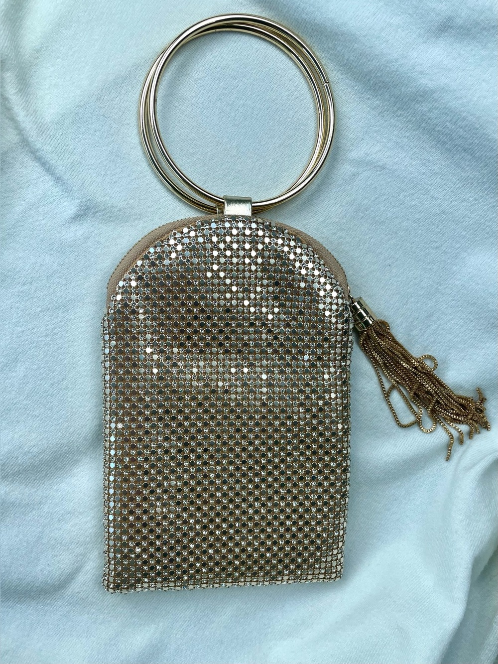 Starlet Goldtone Aluminum Reflective Mesh Wristlet/Mini Bag Tassel Evening Party
